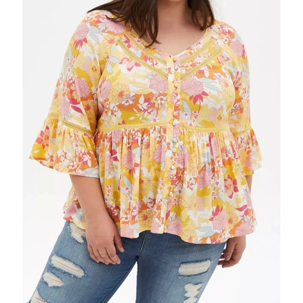 Torrid Butter Yellow Floral Babydoll Peasant Blouse Button Front 2X Boho Cottage